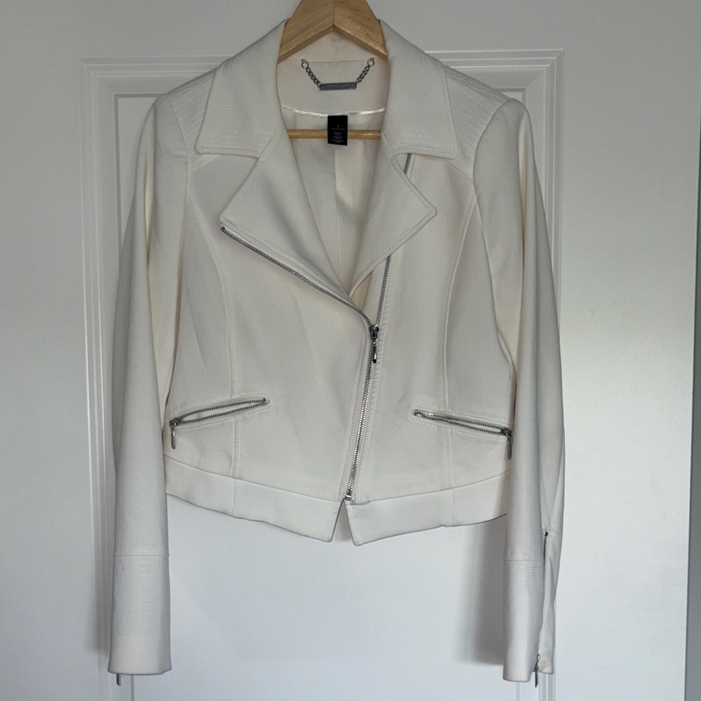White House Black Market Bomber Jacket White Asymmetrical Zipper